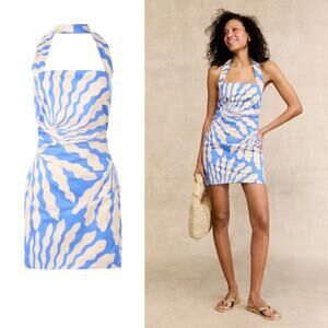 Suboo Palma Dress Cotton Poplin Sleeveless Halter Neck Mini Sheath Blue Cream M